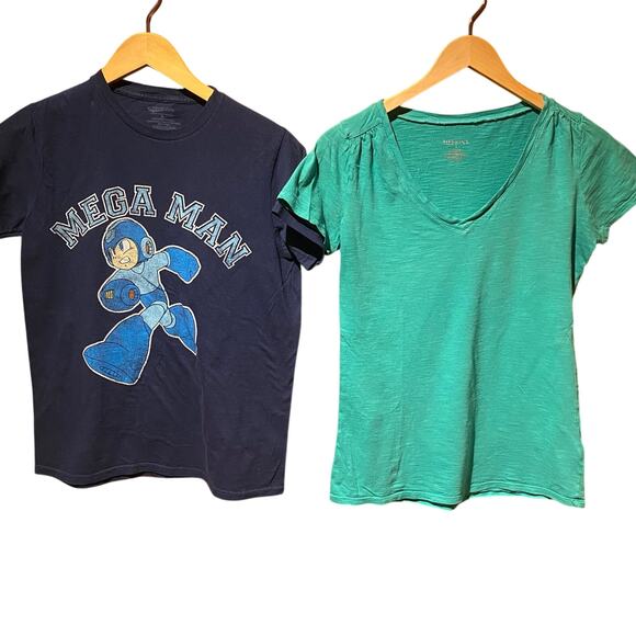 Y2K Retro Mega Man Tshirt and Teal Vneck 2 tshirt bundle size small Casual Comfy - Picture 1 of 4